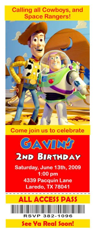 Set of 10 Toy Story Personalized Ticket Invitations  