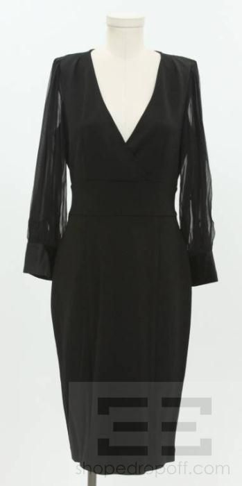   Von Furstenberg Black Knit & Sheer Silk V Neck Dress Size 10  