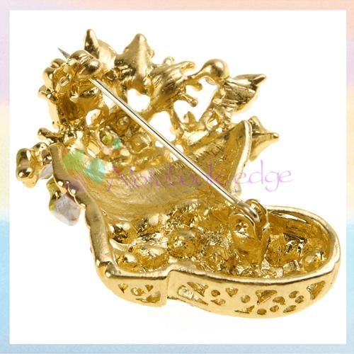 Gold toned Christmas Boot Crystal Brooch Pin Xmas Gift  