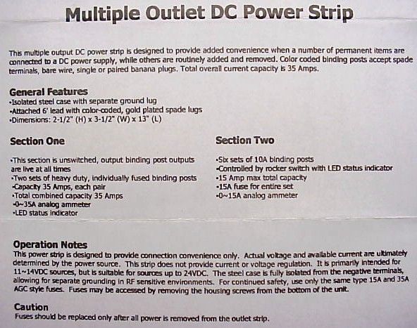 Multiple DC Outlet Power Strip with 15 & 35 Amp Meters  