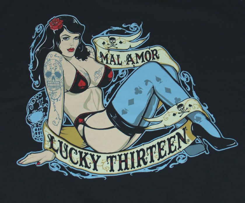 Lucky 13 Floral Skull Mal Amor Pin Up Girl Cards T Shirt Tee  