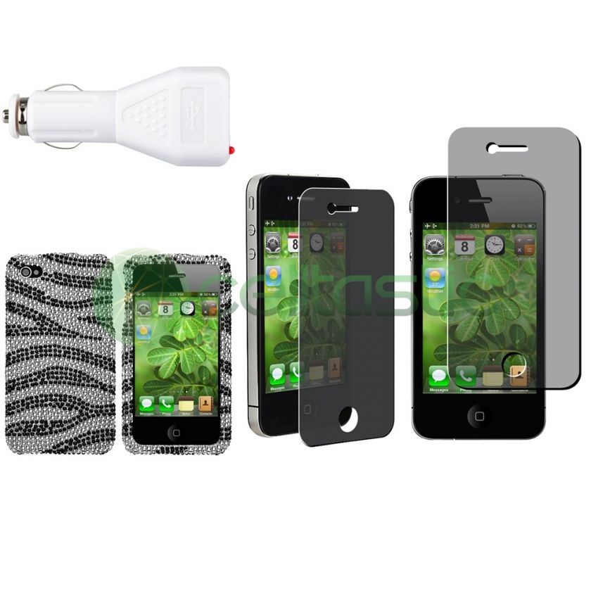 Black Diamond Case+Privacy Film+Car DC Charger For iPhone 4S 4 4G Gen 