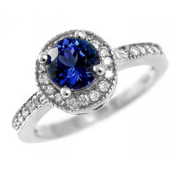   AAA BLUE CEYLON SAPPHIRE & DIAMONDS ENGAGEMENT RING 14k WHITE GOLD