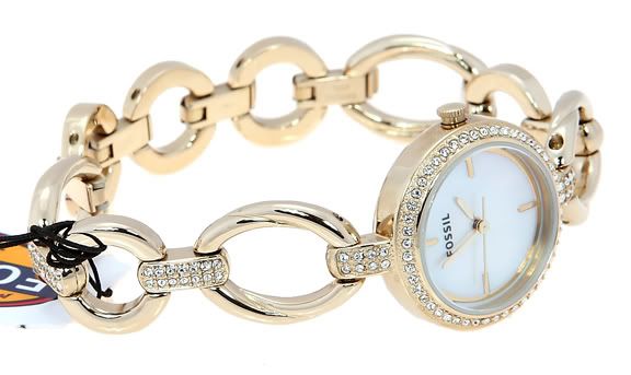 WOMENS FOSSIL MOTHER OF PEARL CRYSTALS DIAL GOLD TONE BRACELET WATCH 