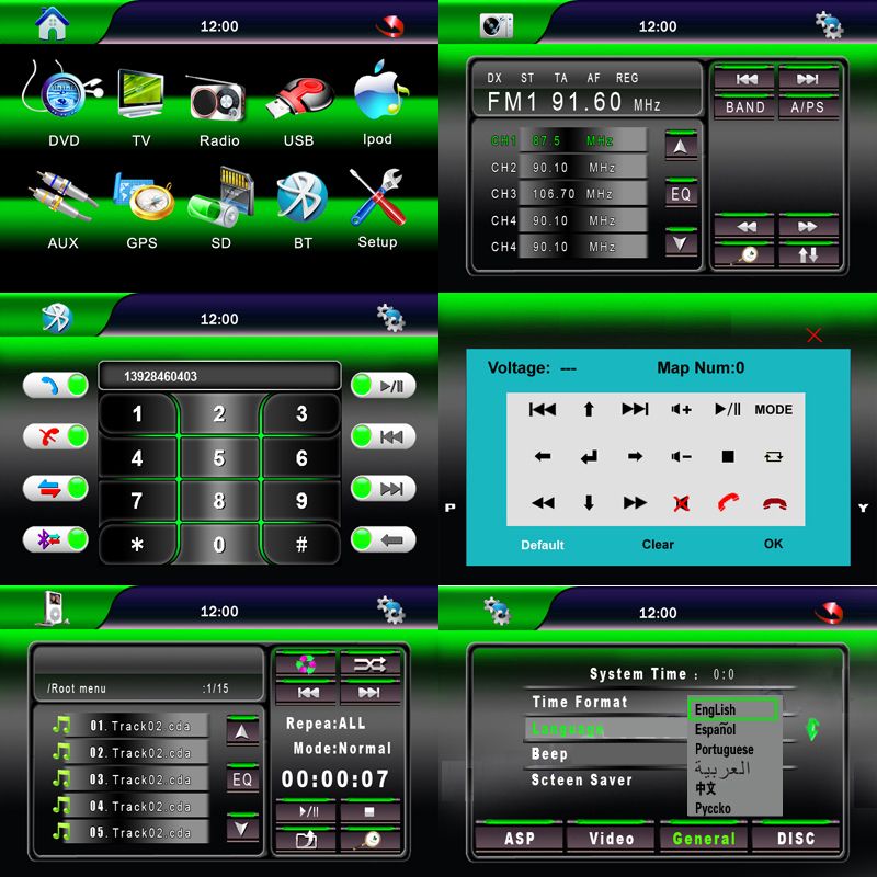   of Main Menu, Radio, Bluetooth, Steering Wheel Control, iPod, Setting
